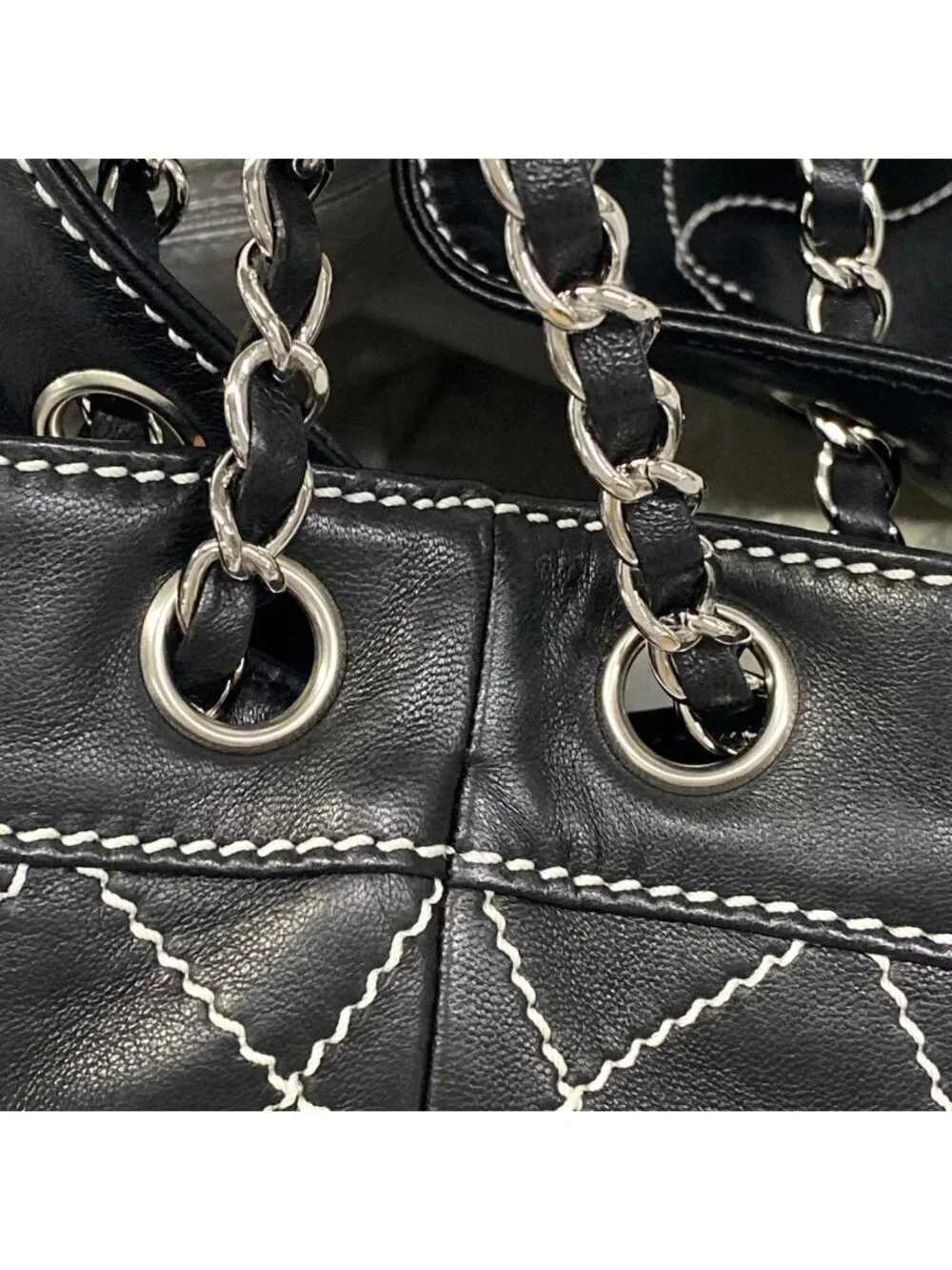 Chanel Tote Bag Wild Stitch Black White Silver Lambskin